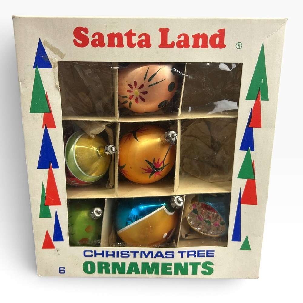 Vintage Santa Land Hand Blown Glass Christmas Ornaments Poland Set of 6 MCM